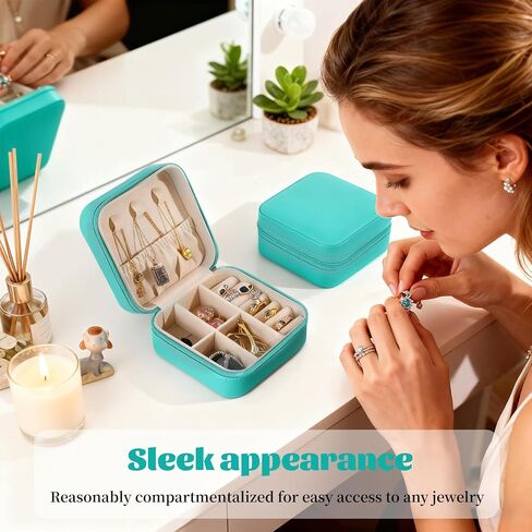منظم صندوق مجوهرات للسفر باللون الأخضر المريمية مكون من 24 قطعة، حافظة صغيرة من جلد البولي يوريثان مقاس 3.9 بوصة مع مرآة، هدية لوصيفة العروس/ هدية زفاف، حامل حلق حلقي، محمول صغير الحجم، مجموعة كبيرة الحجم in Kuwait