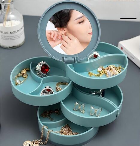 Rotating Jewelry Box with Mirror - 4 Layer Large Capacity Jewelry Organizer for Bracelets, Rings, Earrings, Necklaces, Women's Storage Case, Gift for Her in Saudi Arabia