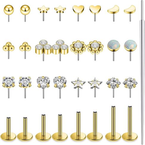 14K Gold Filled 20G 18G 16G Threadless Flat Back Earrings Studs Surgical Stainless Steel Clear CZ Push In Nose Rings Studs Tragus Helix Conch Cartilage Earrings Piercing Jewelry For Women Men in Saudi Arabia