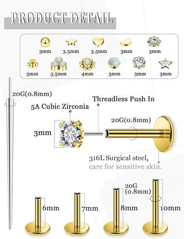 14K Gold Filled 20G 18G 16G Threadless Flat Back Earrings Studs Surgical Stainless Steel Clear CZ Push In Nose Rings Studs Tragus Helix Conch Cartilage Earrings Piercing Jewelry For Women Men in Saudi Arabia