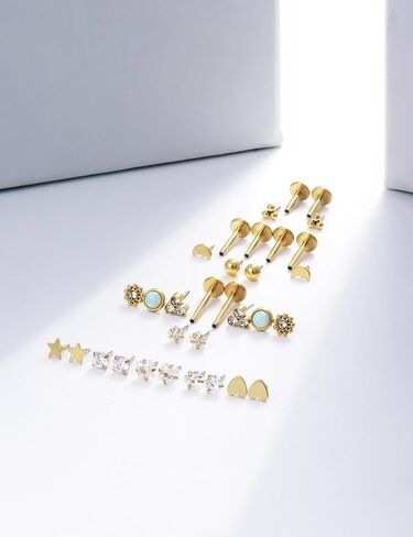 14K Gold Filled 20G 18G 16G Threadless Flat Back Earrings Studs Surgical Stainless Steel Clear CZ Push In Nose Rings Studs Tragus Helix Conch Cartilage Earrings Piercing Jewelry For Women Men in Saudi Arabia
