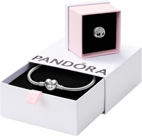 PANDORA Jewelry Bundle with Gift Box - Moments Sterling Silver Snake Chain Charm Bracelet with Heart Clasp, 6.7" & Family Roots Sterling Silver Charm - Gift for Women in Saudi Arabia