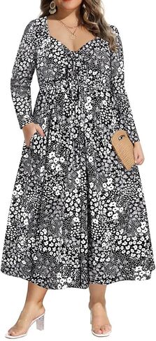CARCOS Plus Size Dresses for Curvy Women Tie Sweetheart Neck Fall Maxi Dress Long Sleeve Empire Waist Floral Boho Dress in Saudi Arabia