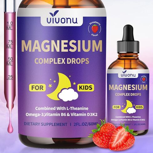 VivoNu Kids Magnesium Liquid Drops, Magnesium Glycinate Liquid for Children's Supplement with Vitamin D3 K2 B12 & B6, Omega 3,L-theanine,Lemon Balm-for Sleep,Relaxation,Calm,Focus, Strawberry Flavor in Kuwait