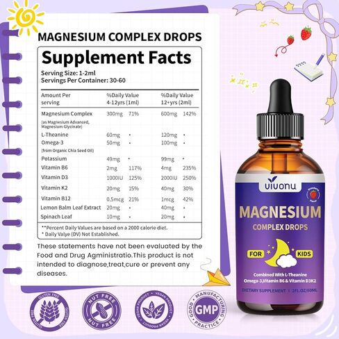 VivoNu Kids Magnesium Liquid Drops, Magnesium Glycinate Liquid for Children's Supplement with Vitamin D3 K2 B12 & B6, Omega 3,L-theanine,Lemon Balm-for Sleep,Relaxation,Calm,Focus, Strawberry Flavor in Kuwait