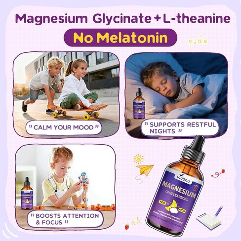 VivoNu Kids Magnesium Liquid Drops, Magnesium Glycinate Liquid for Children's Supplement with Vitamin D3 K2 B12 & B6, Omega 3,L-theanine,Lemon Balm-for Sleep,Relaxation,Calm,Focus, Strawberry Flavor in Kuwait