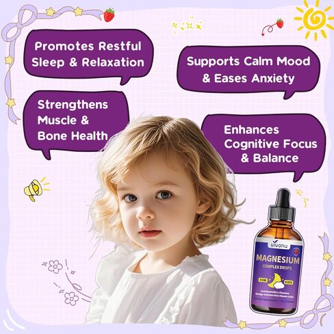 VivoNu Kids Magnesium Liquid Drops, Magnesium Glycinate Liquid for Children's Supplement with Vitamin D3 K2 B12 & B6, Omega 3,L-theanine,Lemon Balm-for Sleep,Relaxation,Calm,Focus, Strawberry Flavor in Kuwait