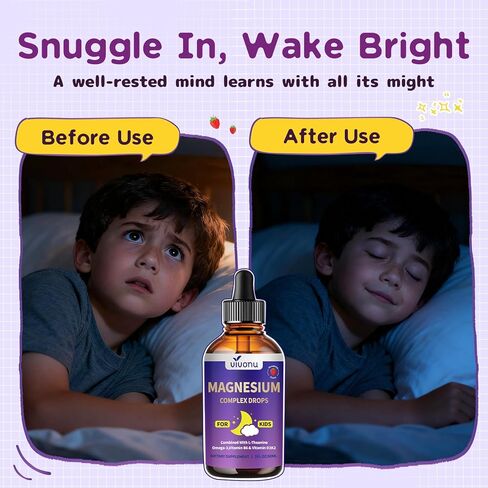 VivoNu Kids Magnesium Liquid Drops, Magnesium Glycinate Liquid for Children's Supplement with Vitamin D3 K2 B12 & B6, Omega 3,L-theanine,Lemon Balm-for Sleep,Relaxation,Calm,Focus, Strawberry Flavor in Kuwait