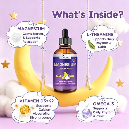 VivoNu Kids Magnesium Liquid Drops, Magnesium Glycinate Liquid for Children's Supplement with Vitamin D3 K2 B12 & B6, Omega 3,L-theanine,Lemon Balm-for Sleep,Relaxation,Calm,Focus, Strawberry Flavor in Kuwait