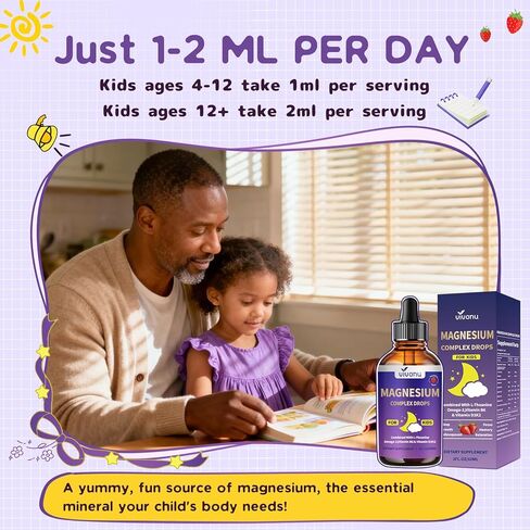 VivoNu Kids Magnesium Liquid Drops, Magnesium Glycinate Liquid for Children's Supplement with Vitamin D3 K2 B12 & B6, Omega 3,L-theanine,Lemon Balm-for Sleep,Relaxation,Calm,Focus, Strawberry Flavor in Kuwait