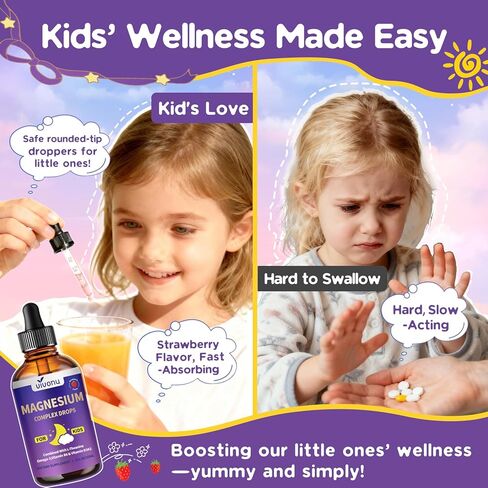 VivoNu Kids Magnesium Liquid Drops, Magnesium Glycinate Liquid for Children's Supplement with Vitamin D3 K2 B12 & B6, Omega 3,L-theanine,Lemon Balm-for Sleep,Relaxation,Calm,Focus, Strawberry Flavor in Kuwait