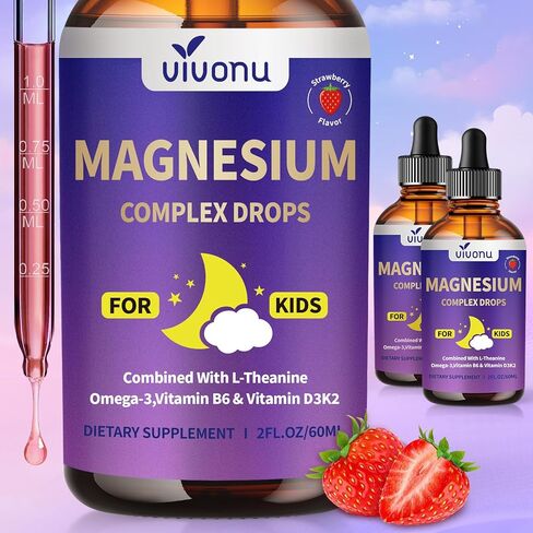 VivoNu Kids Magnesium Liquid Drops, Magnesium Glycinate Liquid for Children's Supplement with Vitamin D3 K2 B12 & B6, Omega 3,L-theanine,Lemon Balm-for Sleep,Relaxation,Calm,Focus, Strawberry Flavor in Kuwait