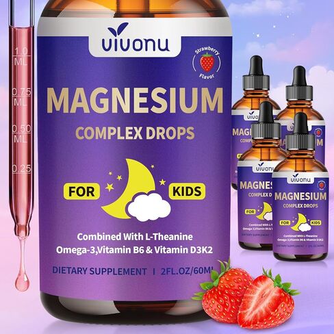 VivoNu Kids Magnesium Liquid Drops, Magnesium Glycinate Liquid for Children's Supplement with Vitamin D3 K2 B12 & B6, Omega 3,L-theanine,Lemon Balm-for Sleep,Relaxation,Calm,Focus, Strawberry Flavor in Kuwait