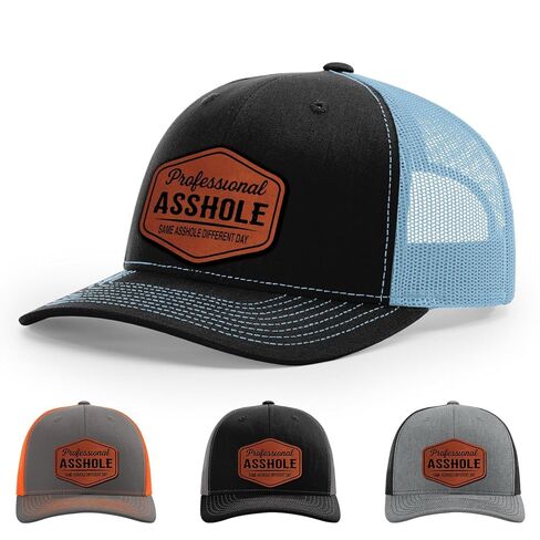 Professional Asshole, Same Asshole Different Day, Adult Humor Hat, 112 Style Trucker Leather Patch Hat for Men & Women, 6 Panel Baseball Cap with Snapback Enclosure in Saudi Arabia