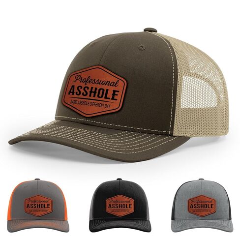 Professional Asshole, Same Asshole Different Day, Adult Humor Hat, 112 Style Trucker Leather Patch Hat for Men & Women, 6 Panel Baseball Cap with Snapback Enclosure in Saudi Arabia