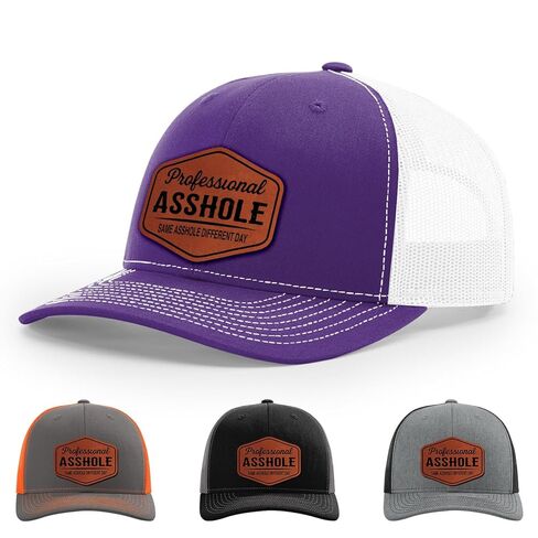 Professional Asshole, Same Asshole Different Day, Adult Humor Hat, 112 Style Trucker Leather Patch Hat for Men & Women, 6 Panel Baseball Cap with Snapback Enclosure in Saudi Arabia