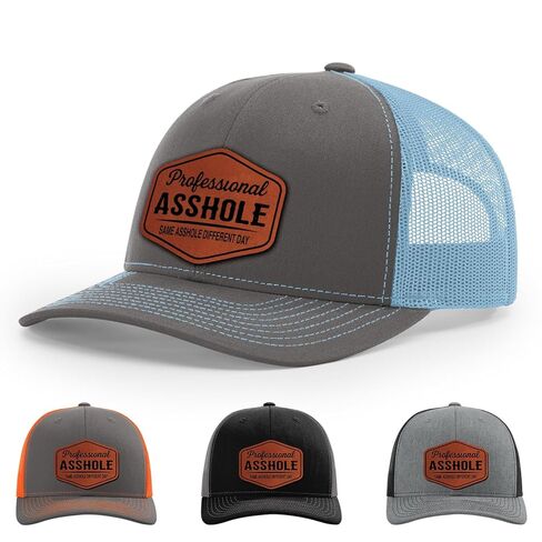 Professional Asshole, Same Asshole Different Day, Adult Humor Hat, 112 Style Trucker Leather Patch Hat for Men & Women, 6 Panel Baseball Cap with Snapback Enclosure in Saudi Arabia