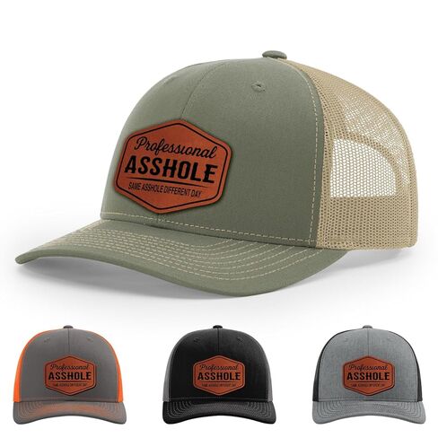 Professional Asshole, Same Asshole Different Day, Adult Humor Hat, 112 Style Trucker Leather Patch Hat for Men & Women, 6 Panel Baseball Cap with Snapback Enclosure in Saudi Arabia