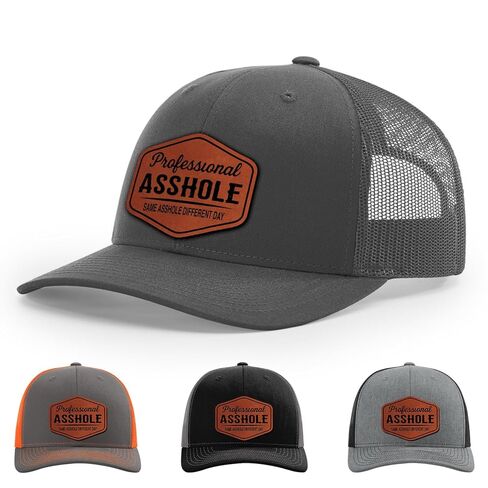 Professional Asshole, Same Asshole Different Day, Adult Humor Hat, 112 Style Trucker Leather Patch Hat for Men & Women, 6 Panel Baseball Cap with Snapback Enclosure in Saudi Arabia