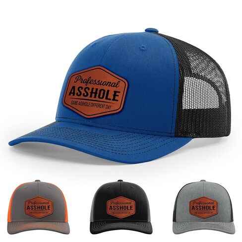 Professional Asshole, Same Asshole Different Day, Adult Humor Hat, 112 Style Trucker Leather Patch Hat for Men & Women, 6 Panel Baseball Cap with Snapback Enclosure in Saudi Arabia