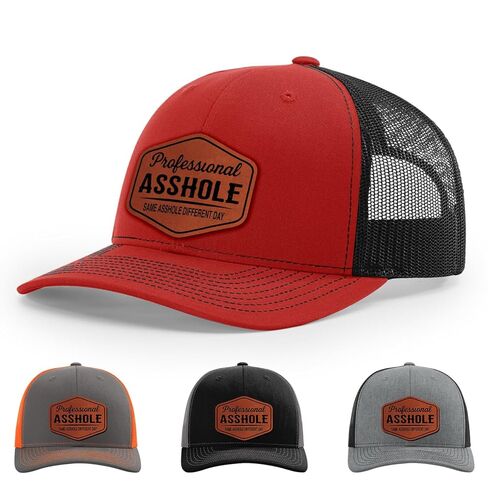 Professional Asshole, Same Asshole Different Day, Adult Humor Hat, 112 Style Trucker Leather Patch Hat for Men & Women, 6 Panel Baseball Cap with Snapback Enclosure in Saudi Arabia