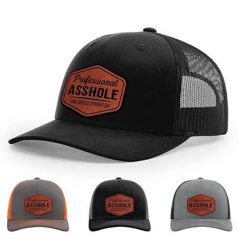 Professional Asshole, Same Asshole Different Day, Adult Humor Hat, 112 Style Trucker Leather Patch Hat for Men & Women, 6 Panel Baseball Cap with Snapback Enclosure in Saudi Arabia
