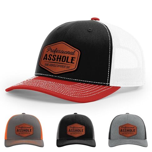 Professional Asshole, Same Asshole Different Day, Adult Humor Hat, 112 Style Trucker Leather Patch Hat for Men & Women, 6 Panel Baseball Cap with Snapback Enclosure in Saudi Arabia