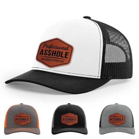 Professional Asshole, Same Asshole Different Day, Adult Humor Hat, 112 Style Trucker Leather Patch Hat for Men & Women, 6 Panel Baseball Cap with Snapback Enclosure in Saudi Arabia