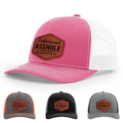 Professional Asshole, Same Asshole Different Day, Adult Humor Hat, 112 Style Trucker Leather Patch Hat for Men & Women, 6 Panel Baseball Cap with Snapback Enclosure in Saudi Arabia