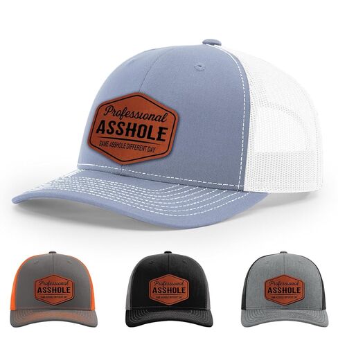 Professional Asshole, Same Asshole Different Day, Adult Humor Hat, 112 Style Trucker Leather Patch Hat for Men & Women, 6 Panel Baseball Cap with Snapback Enclosure in Saudi Arabia