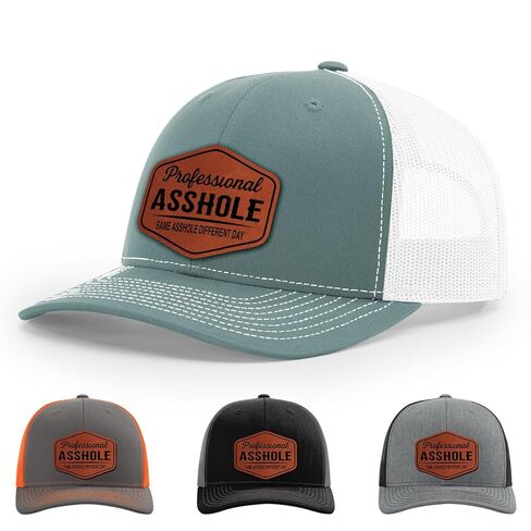 Professional Asshole, Same Asshole Different Day, Adult Humor Hat, 112 Style Trucker Leather Patch Hat for Men & Women, 6 Panel Baseball Cap with Snapback Enclosure in Saudi Arabia