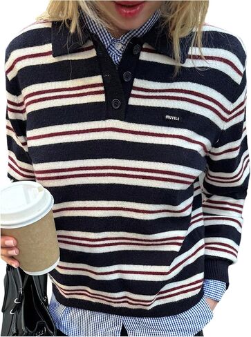 Floerns Women's Striped Rugby Shirts Knitted Half Button Preppy Clothes Fall Sweater in Saudi Arabia