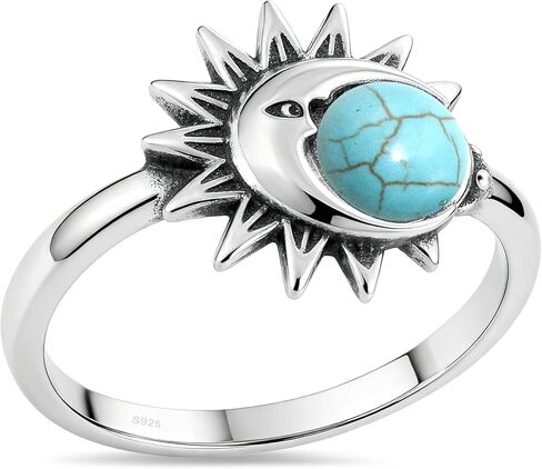 Retro Sterling Silver Sun Moon Natural Stone Boho Ring,Dainty Vintage Oval Real Genuine Crystal Gemstone Bohemian Statement Ring Jewelry for Women Her in Saudi Arabia