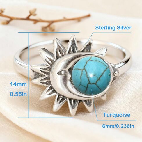 Retro Sterling Silver Sun Moon Natural Stone Boho Ring,Dainty Vintage Oval Real Genuine Crystal Gemstone Bohemian Statement Ring Jewelry for Women Her in Saudi Arabia