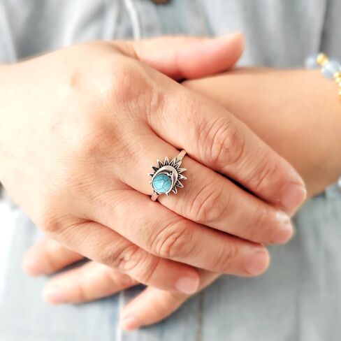 Retro Sterling Silver Sun Moon Natural Stone Boho Ring,Dainty Vintage Oval Real Genuine Crystal Gemstone Bohemian Statement Ring Jewelry for Women Her in Saudi Arabia