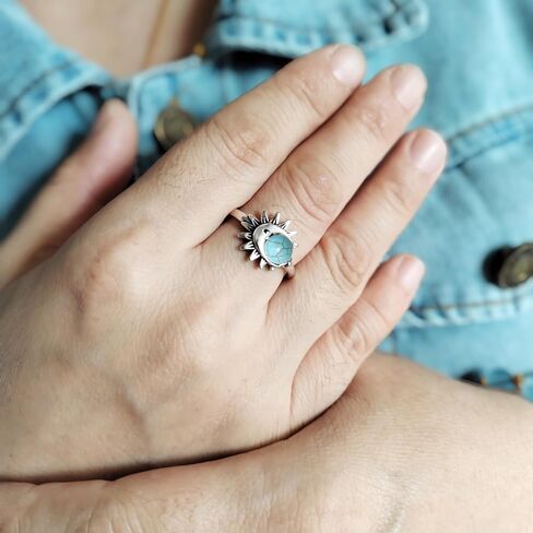 Retro Sterling Silver Sun Moon Natural Stone Boho Ring,Dainty Vintage Oval Real Genuine Crystal Gemstone Bohemian Statement Ring Jewelry for Women Her in Saudi Arabia
