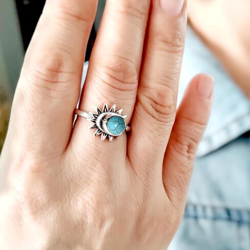 Retro Sterling Silver Sun Moon Natural Stone Boho Ring,Dainty Vintage Oval Real Genuine Crystal Gemstone Bohemian Statement Ring Jewelry for Women Her in Saudi Arabia