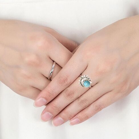 Retro Sterling Silver Sun Moon Natural Stone Boho Ring,Dainty Vintage Oval Real Genuine Crystal Gemstone Bohemian Statement Ring Jewelry for Women Her in Saudi Arabia