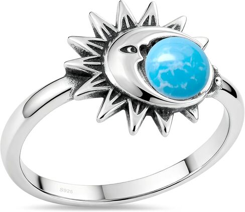 Retro Sterling Silver Sun Moon Natural Stone Boho Ring,Dainty Vintage Oval Real Genuine Crystal Gemstone Bohemian Statement Ring Jewelry for Women Her in Saudi Arabia