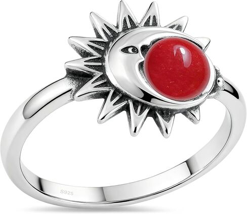 Retro Sterling Silver Sun Moon Natural Stone Boho Ring,Dainty Vintage Oval Real Genuine Crystal Gemstone Bohemian Statement Ring Jewelry for Women Her in Saudi Arabia