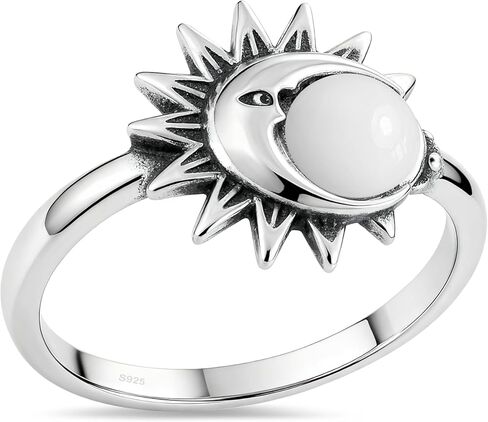 Retro Sterling Silver Sun Moon Natural Stone Boho Ring,Dainty Vintage Oval Real Genuine Crystal Gemstone Bohemian Statement Ring Jewelry for Women Her in Saudi Arabia