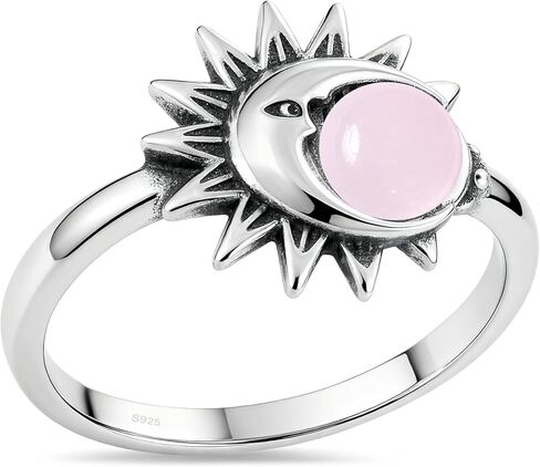 Retro Sterling Silver Sun Moon Natural Stone Boho Ring,Dainty Vintage Oval Real Genuine Crystal Gemstone Bohemian Statement Ring Jewelry for Women Her in Saudi Arabia