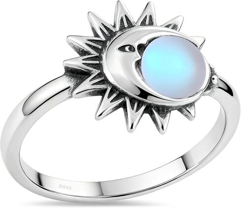 Retro Sterling Silver Sun Moon Natural Stone Boho Ring,Dainty Vintage Oval Real Genuine Crystal Gemstone Bohemian Statement Ring Jewelry for Women Her in Saudi Arabia
