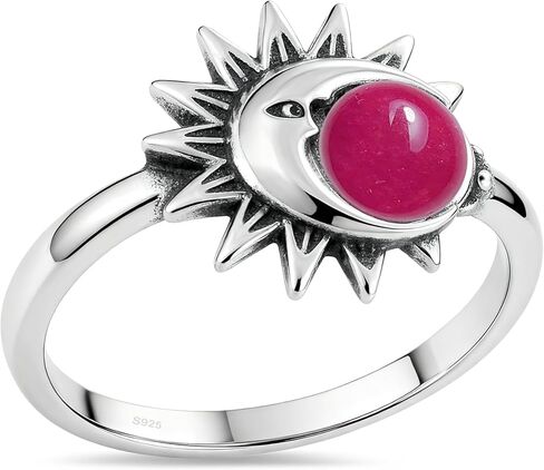Retro Sterling Silver Sun Moon Natural Stone Boho Ring,Dainty Vintage Oval Real Genuine Crystal Gemstone Bohemian Statement Ring Jewelry for Women Her in Saudi Arabia