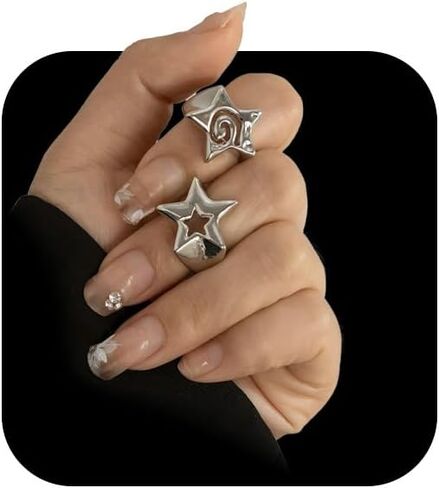 Chunky Silver Star Knuckle Rings Set Statement Y2k Punk Unique Cool Gothic Stainless Steel Goth Emo Grunge Finger Ring Stack Jewelry Accessories for Women in Saudi Arabia
