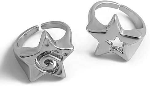 Chunky Silver Star Knuckle Rings Set Statement Y2k Punk Unique Cool Gothic Stainless Steel Goth Emo Grunge Finger Ring Stack Jewelry Accessories for Women in Saudi Arabia