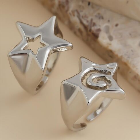 Chunky Silver Star Knuckle Rings Set Statement Y2k Punk Unique Cool Gothic Stainless Steel Goth Emo Grunge Finger Ring Stack Jewelry Accessories for Women in Saudi Arabia