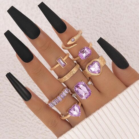 Purple Heart Rhinestone Ring Set for Women, Elegant Snake Gemstone Statement Rings Jewelry in Saudi Arabia