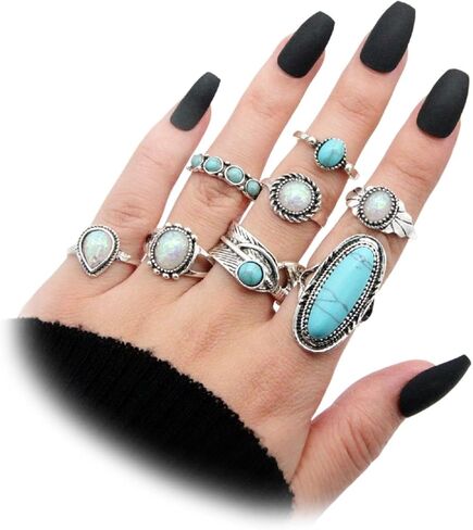 Chunky Bohemian Stackble Knuckle Rings Vintage Oval Turquoise Finger Rings Opal Teardrop Statement Midi Ring Set Western Country Festival Accessories in Saudi Arabia