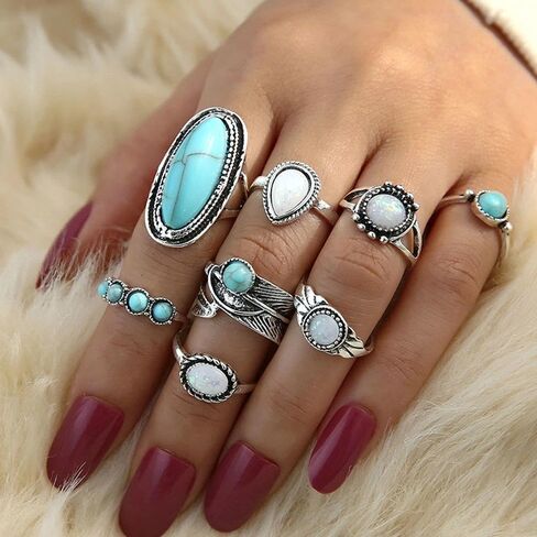 Chunky Bohemian Stackble Knuckle Rings Vintage Oval Turquoise Finger Rings Opal Teardrop Statement Midi Ring Set Western Country Festival Accessories in Saudi Arabia